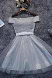 Off Shoulder Grey Tulle Short Prom Dresses Homecoming Dresses PD111- Pgmdress