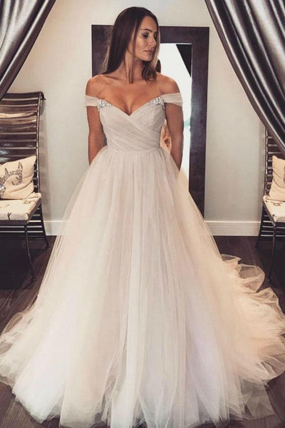 Blush off the shoulder shop wedding dress