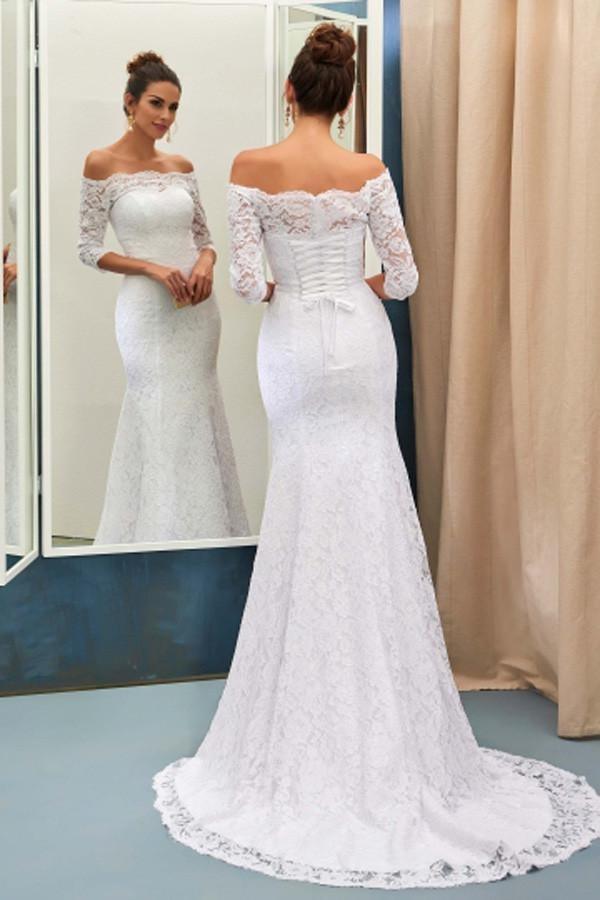 Off-The-Shoulder 3/4-Length Sleeves Lace-Up Mermaid Wedding Dress WD089 - Pgmdress