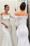 Schulterfreies Brautkleid im Meerjungfrau-Stil mit 3/4-Ärmeln und Schnürung WD089 