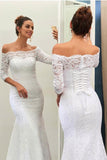 Off-The-Shoulder 3/4-Length Sleeves Lace-Up Mermaid Wedding Dress WD089 - Pgmdress