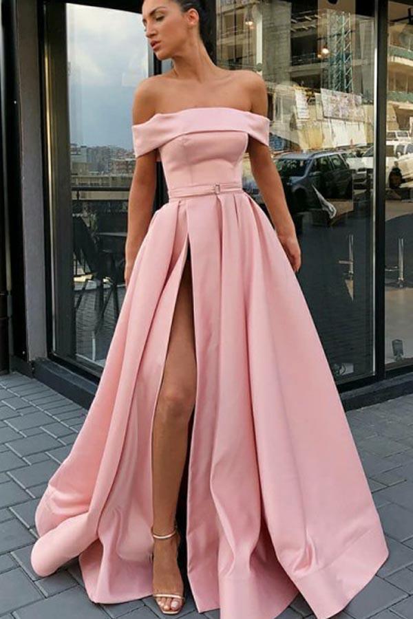 Off the Shoulder A-Line Sweep Train Split Front Pink Prom Dress with Belt PG830 - Pgmdress