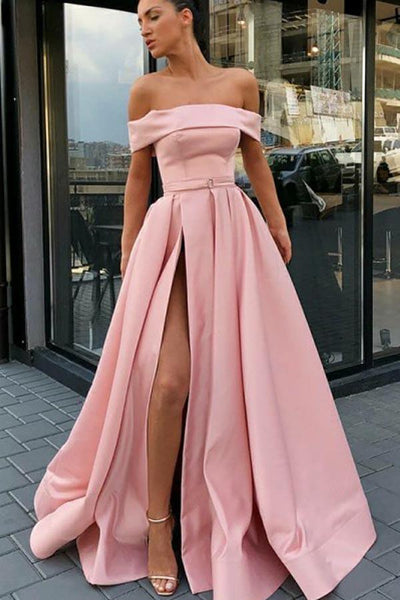 Off the Shoulder A-Line Sweep Train Split Front Pink Prom Dress PG830 US10 / Custom Color Off the Shoulder A-Line Sweep Train Split Front Pink Prom Dress PG830 US10 / Custom Color