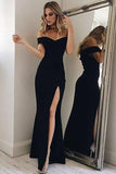 Off-the-Shoulder Ankle-Length Black Split Prom Dress Party Dress  PG436