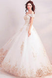 Off the Shoulder Ball Gown Long Wedding Dress with Gold Appliques WD368 - Pgmdress