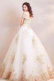 Off the Shoulder Ball Gown Long Wedding Dress with Gold Appliques WD368 - Pgmdress