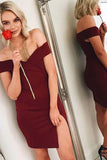 Off-the-Shoulder Burgundy Satin Homecoming Party Dress with Split PD019 - Pgmdress