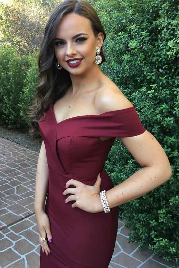 Off the Shoulder Burgundy Satin Long Prom Dresses With Slit PG541 - Pgmdress