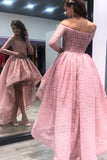 Off-the-Shoulder High Low Pink Long Sleeves Lace Prom Dress PG496 - Pgmdress