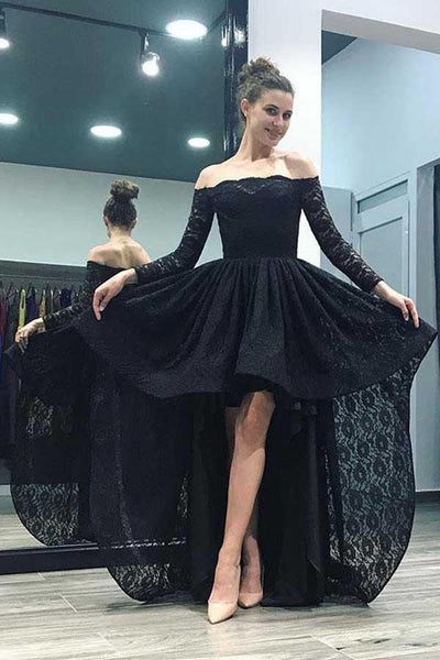 Off-the-Shoulder High Low Pink Long Sleeves Lace Prom Dress PG496 US0 / Black Off-the-Shoulder High Low Pink Long Sleeves Lace Prom Dress PG496 US0 / Black