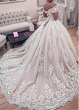 Off the Shoulder Lace Appliques Ball Gown Wedding Dress WD027 - Pgmdress
