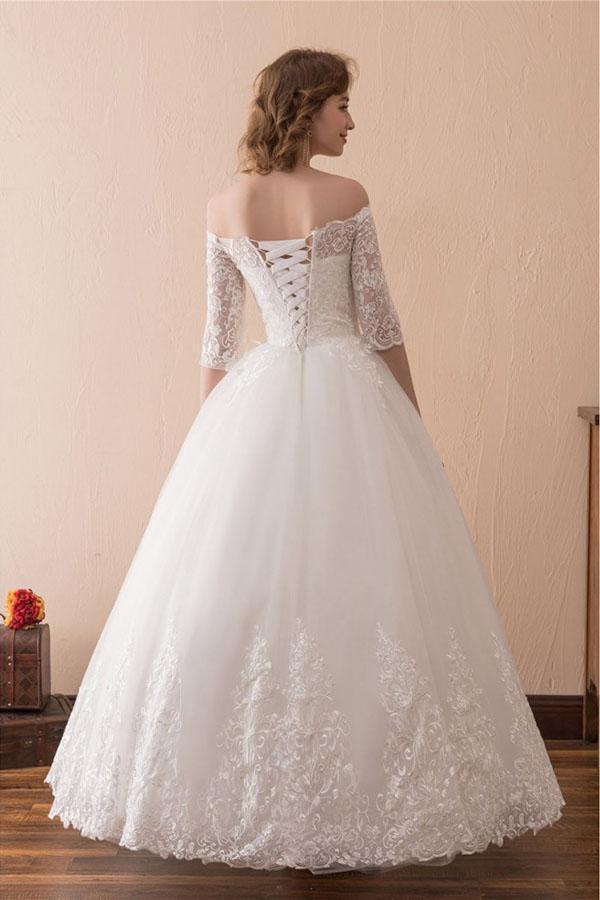 Off The Shoulder Lace Ball Gown Wedding Dress With 1/2 Sleeves WD221 - Pgmdress