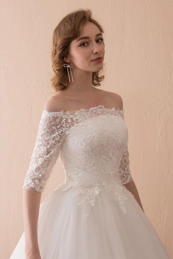 Off The Shoulder Lace Ball Gown Wedding Dress With 1/2 Sleeves WD221 - Pgmdress
