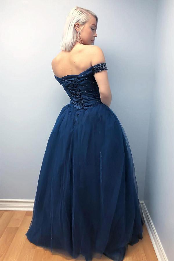 Off the Shoulder Lace-Up Tulle Beading Navy Blue Prom/Formal Dress PG855 - Pgmdress
