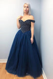 Off the Shoulder Lace-Up Tulle Beading Navy Blue Prom/Formal Dress PG855