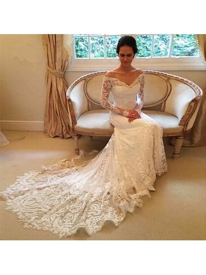 Off the Shoulder Long Sleeves Lace Wedding Dress Bridal Gown WD137 - Pgmdress