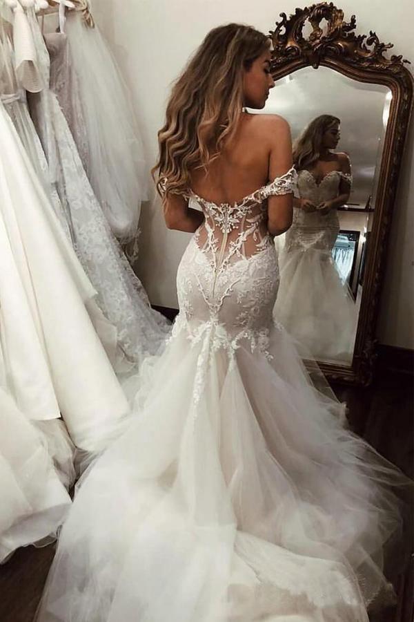pgmdress Off The Shoulder Tulle Sweetheart White Wedding Dresses Bridal Gown US18 / As Picture