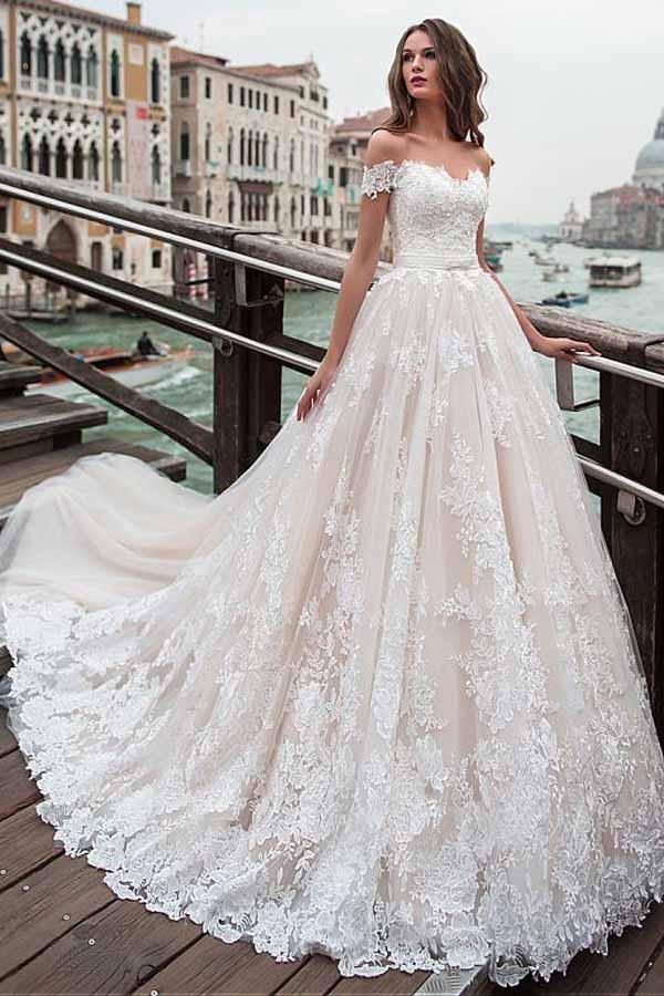 Off-the-shoulder Neckline A-line Wedding Dress With Lace Appliques WD232 - Pgmdress