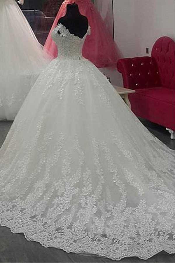 Ophelia Beaded Lace Long Sleeve Glitter Tulle Ball Gown Wedding Dress –  Wedding Outlet