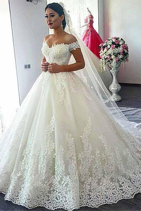 Off-the-shoulder Neckline Ball Gown Wedding Dress With Lace Appliques WD276 - Pgmdress