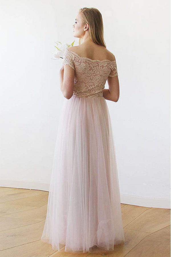 Off the Shoulder Pink Lace and Tulle Long Wedding Dress WD234 - Pgmdress