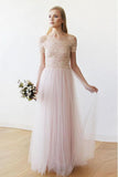 Schulterfreies langes Brautkleid aus rosa Spitze und Tüll WD234 