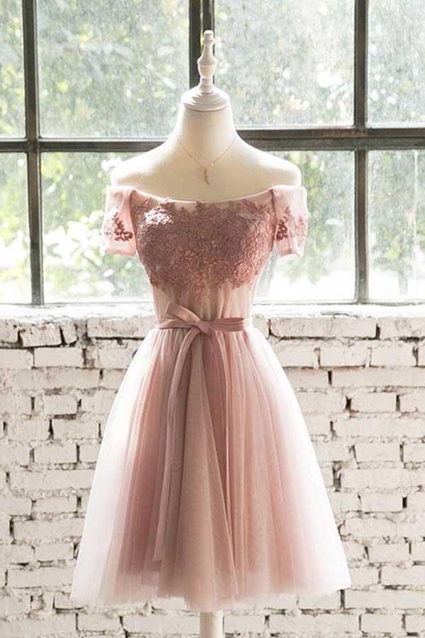 Off The Shoulder Pink Lace Tulle Short Prom Dress Homecoming Dress PD200 - Pgmdress
