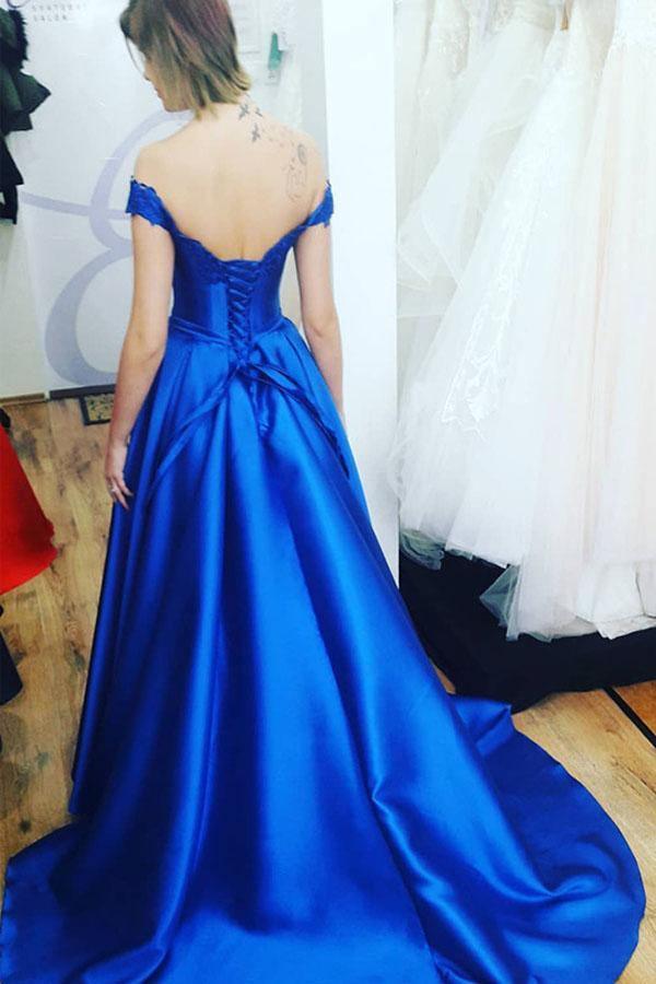 Off the Shoulder Royal Blue Long Prom Dress with Lace-Up Back PG861 - Pgmdress