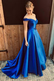 Off the Shoulder Royal Blue Long Prom Dress with Lace-Up Back PG861