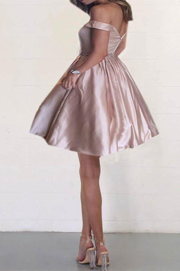 Off the Shoulder Satin Beaded Homecoming Dresses with Pocket PD167 - Pgmdress
