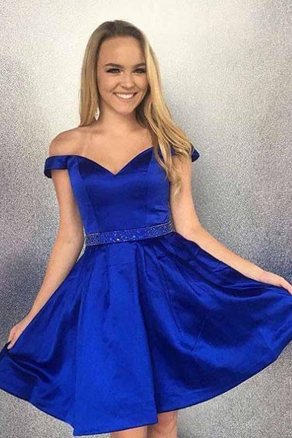 Off the Shoulder Satin Beaded Homecoming Dresses with Pocket PD167 US16 / Royal Blue Off the Shoulder Satin Beaded Homecoming Dresses with Pocket PD167 US16 / Royal Blue