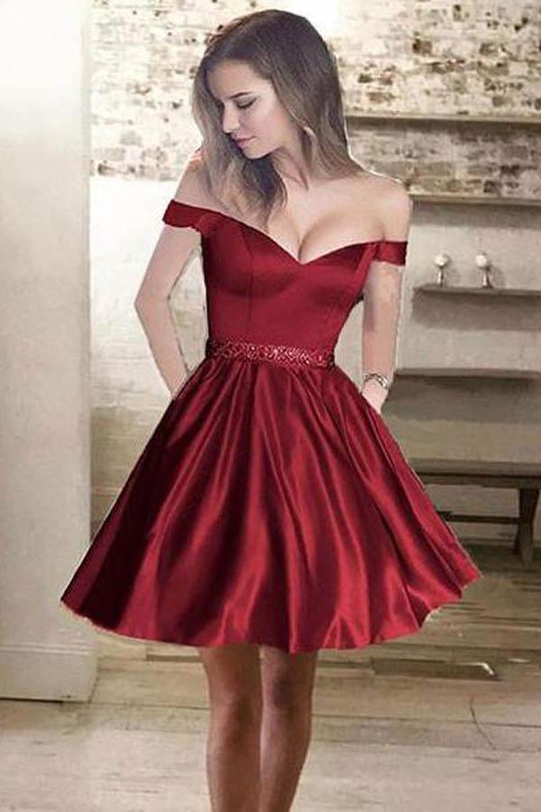 Off the Shoulder Satin Beaded Homecoming Dresses with Pocket PD167 - Pgmdress