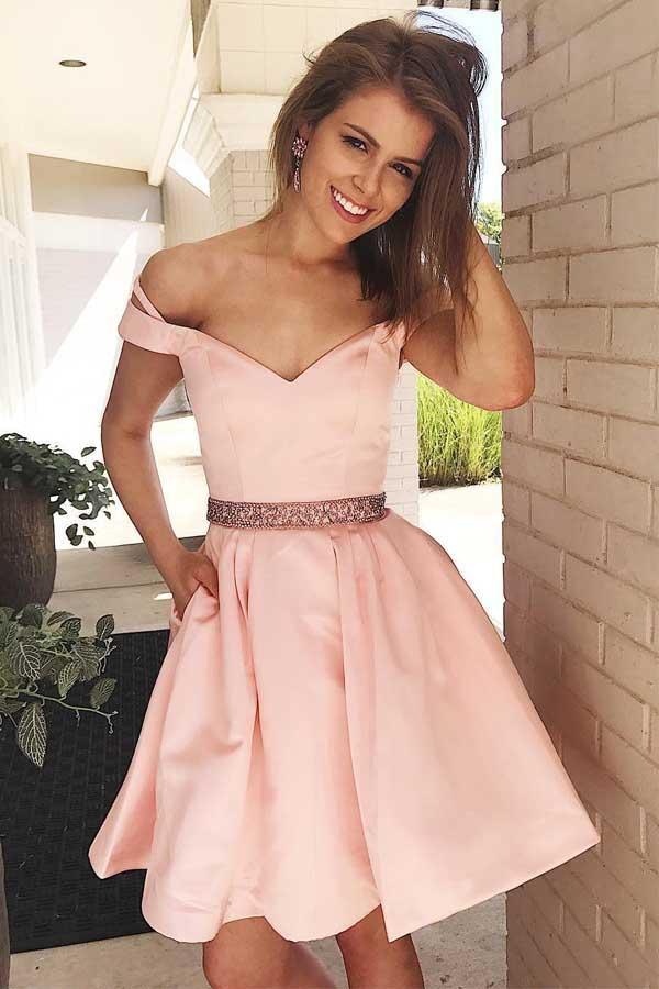 Off the Shoulder Short Pink Party Dress Homecoming Dress with Pockets PD125 - Pgmdress