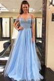 Off the Shoulder Sky Blue Beaded Tulle Prom Dresses Long Formal Dresses PG963 - Pgmdress