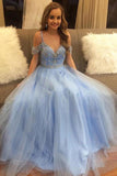 Off the Shoulder Sky Blue Beaded Tulle Prom Dresses Long Formal Dresses PG963 - Pgmdress