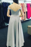 Off-the-Shoulder Sweep Train Grey Chiffon Prom Dress with Appliques PG473 - Pgmdress