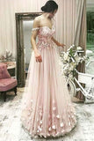Off the Shoulder Sweetheart Grey Pink Lace and Flower Long Prom Dresses PG773