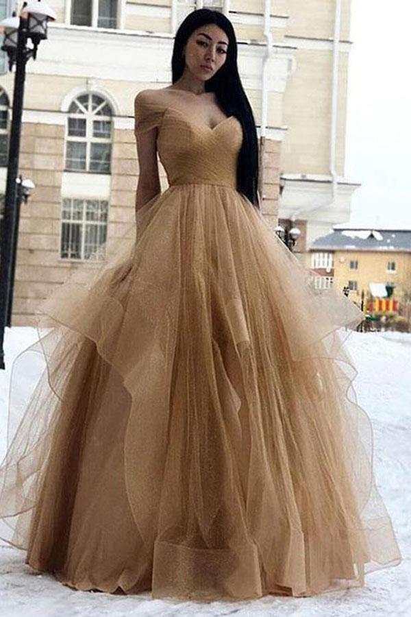 Off the Shoulder Tiered Champagne Prom/Formal Dress with Pleats PSK162 - Pgmdress