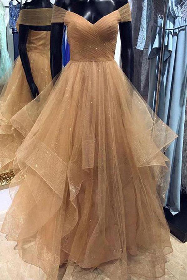 Off the Shoulder Tiered Champagne Prom/Formal Dress with Pleats PSK162 - Pgmdress