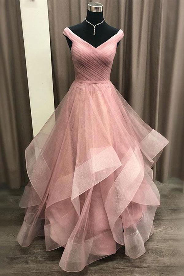 Off the Shoulder Tiered Champagne Prom/Formal Dress with Pleats PSK162 - Pgmdress