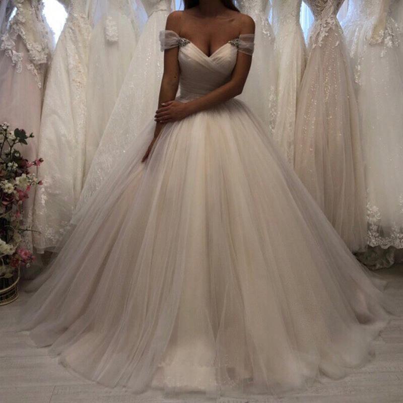 pgmdress Off The Shoulder Tulle Sweetheart White Wedding Dresses Bridal Gown US18 / As Picture