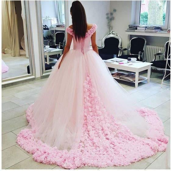 Off the Shoulder Vintage Pink Ball Gown Wedding Dresses Pgmdress