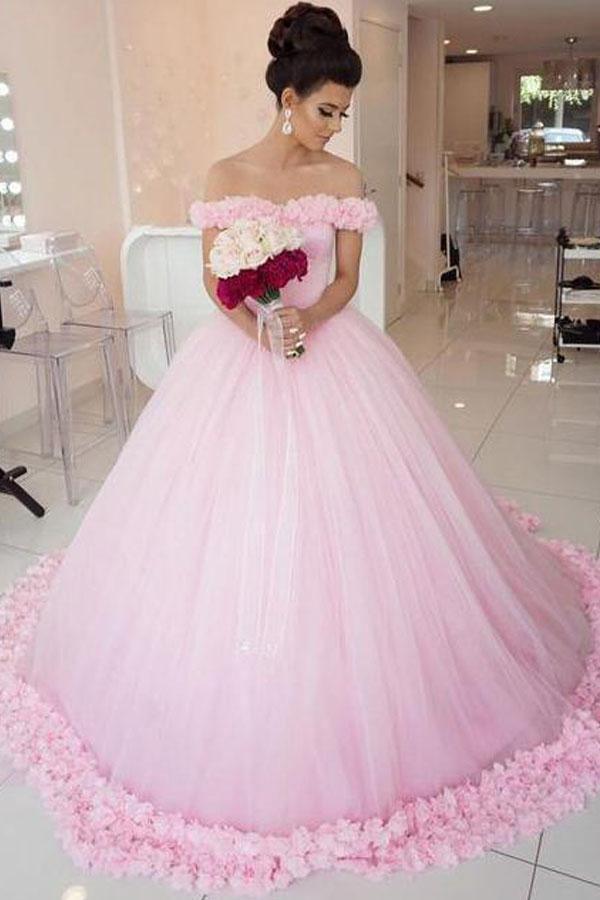 Off the Shoulder Vintage Pink Ball Gown Wedding Dresses WD303 - Pgmdress