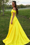 Off The Shoulder Yellow Satin Sleeveless Prom Dress with Pockets PG594 - Pgmdress