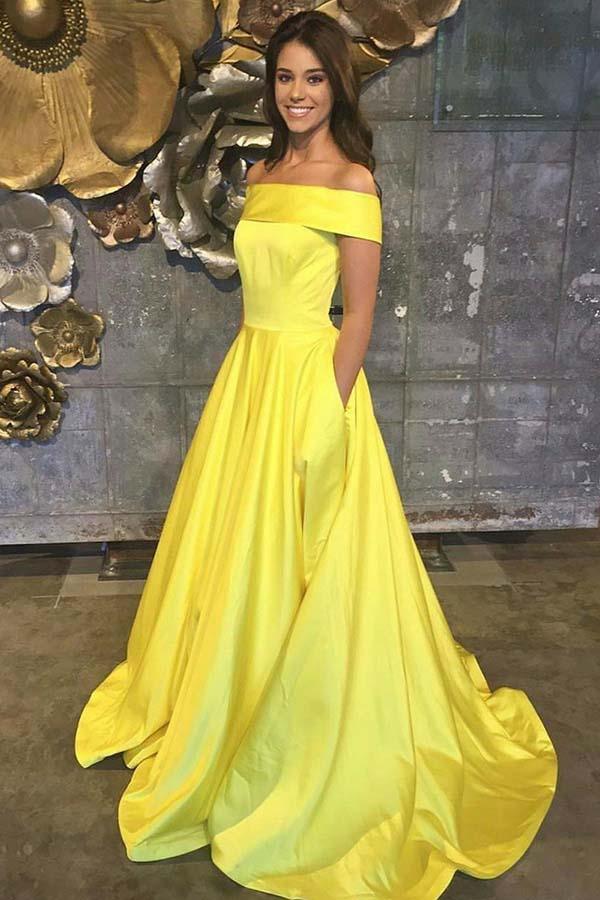 Off The Shoulder Yellow Satin Sleeveless Prom Dress with Pockets PG594 - Pgmdress