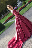 Off-the-Shouler Sweep Train Long Sleeves Burgundy Satin Prom Dress PG441 - Pgmdress