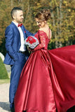 Off-the-Shouler Sweep Train Long Sleeves Burgundy Satin Prom Dress PG441 - Pgmdress