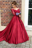 Off-the-Shouler Sweep Train Long Sleeves Burgundy Satin Prom Dress PG441 - Pgmdress