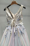 Ombre Beautiful Prom Dress A-line V Neck Tulle Evening Dress PSK096 - Pgmdress