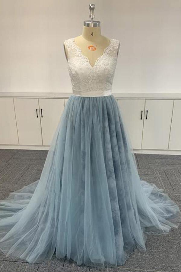 Ombre Soft Tulle Embroidered Lace V Neck Prom Dresses Formal Dresses PSK056 - Pgmdress
